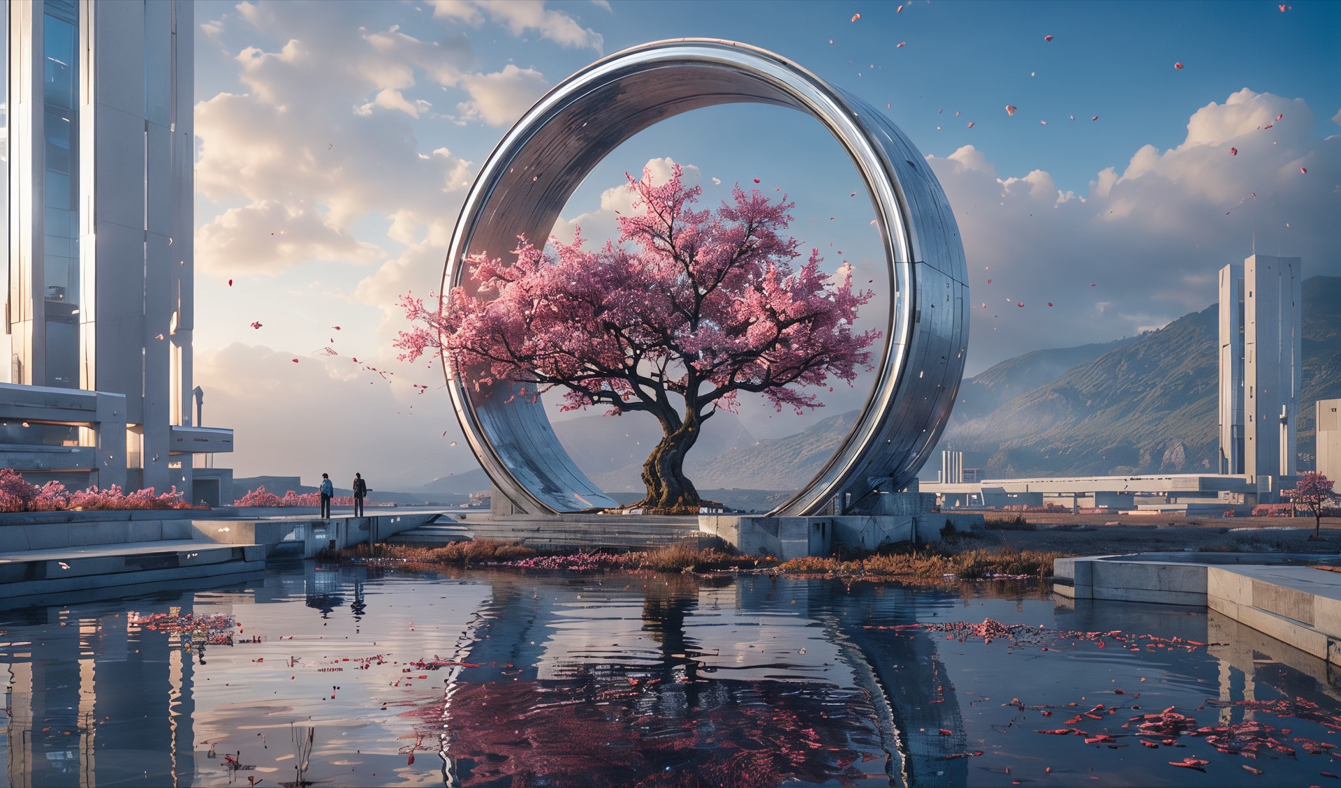 A polished steel ring standing in still water, framing a cherry tree in full blossom, with a quiet future city and mountains beyond.