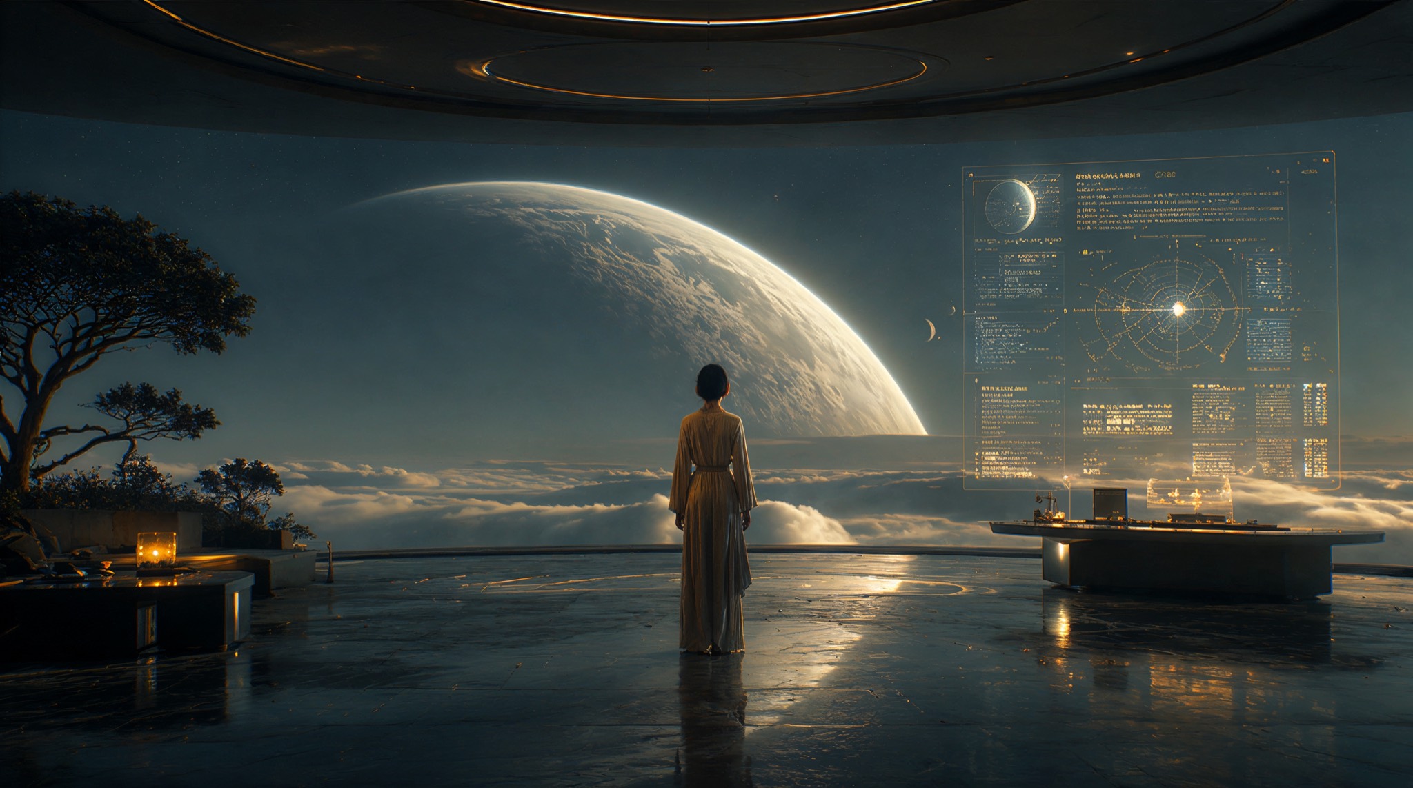 A figure in a long robe stands on a reflective observatory floor facing a vast planet above a sea of clouds, beside a glowing holographic panel of orbital charts