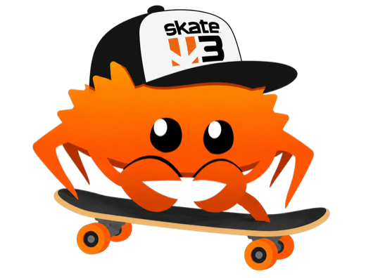 An orange crab in a Skate 3 cap riding a skateboard