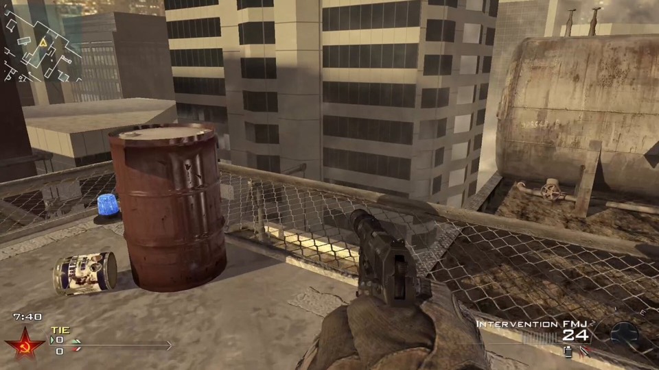 First-person view of a rooftop in Modern Warfare 2 with a sniper rifle