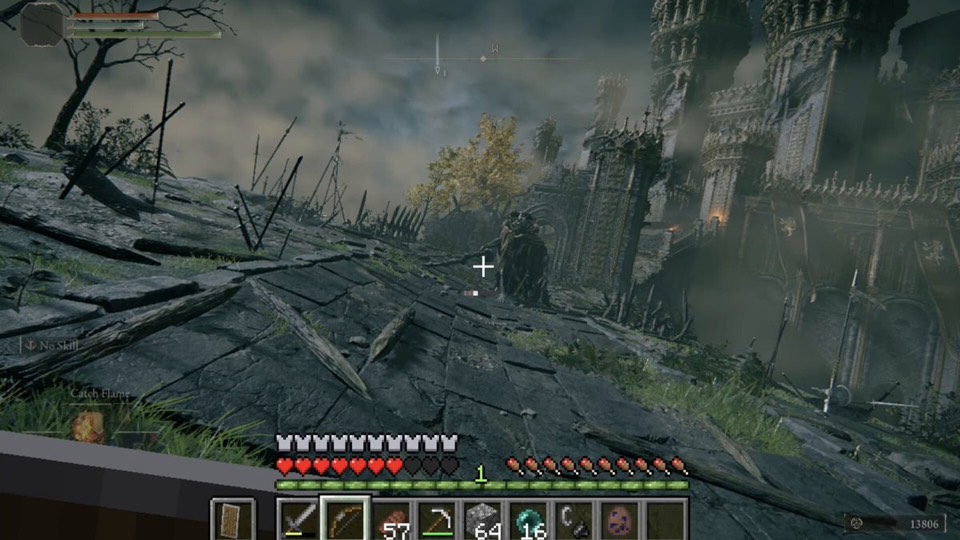 Minecraft's hotbar, hearts and hunger bar over a ruined landscape in Elden Ring