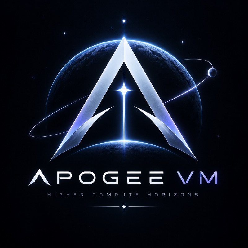 Apogee VM emblem: two blades meeting at an apex above a planet, over the words Apogee VM and Higher Compute Horizons